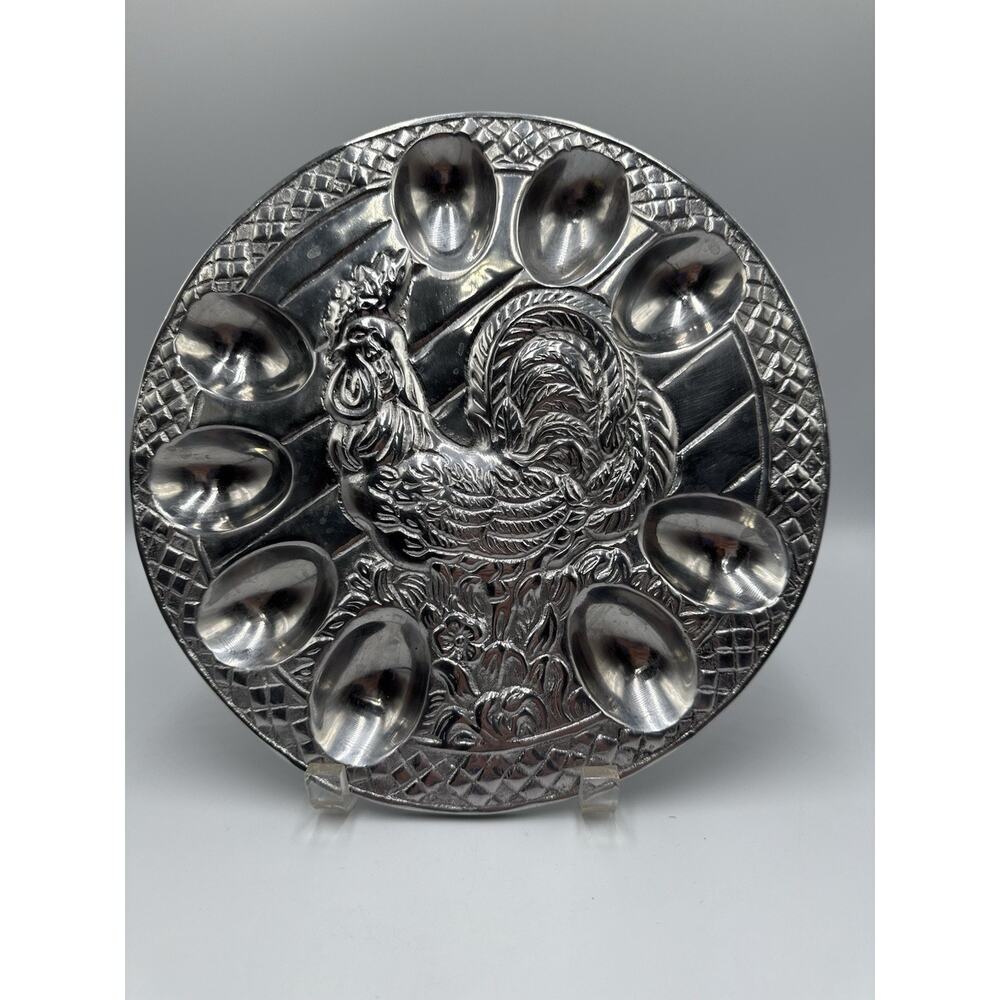 Pewter Deviled Egg Server‎ Tray, Chicken - Rooster Pattern - Made in Mexico